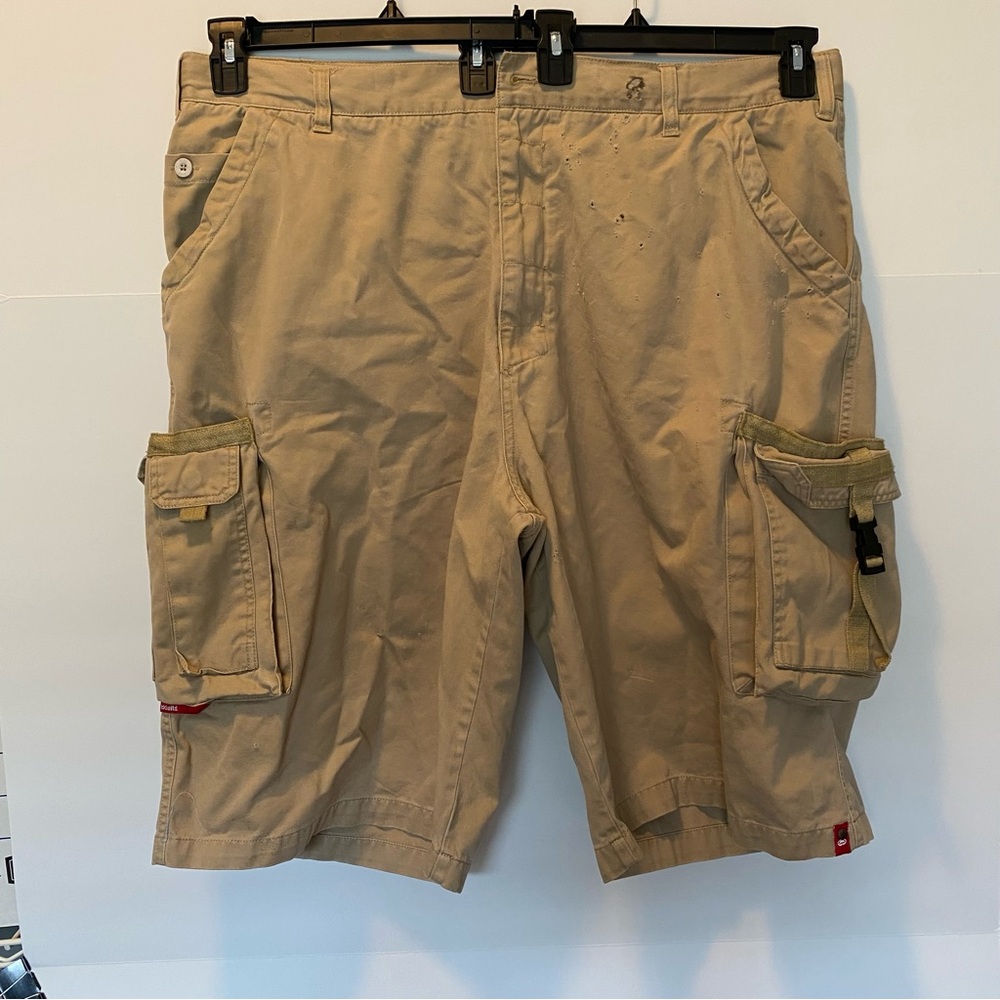 Ecko Unltd Cargo Shorts 44B Khaki Snap Buckle Pocket Skater Thrashed Holes Jorts